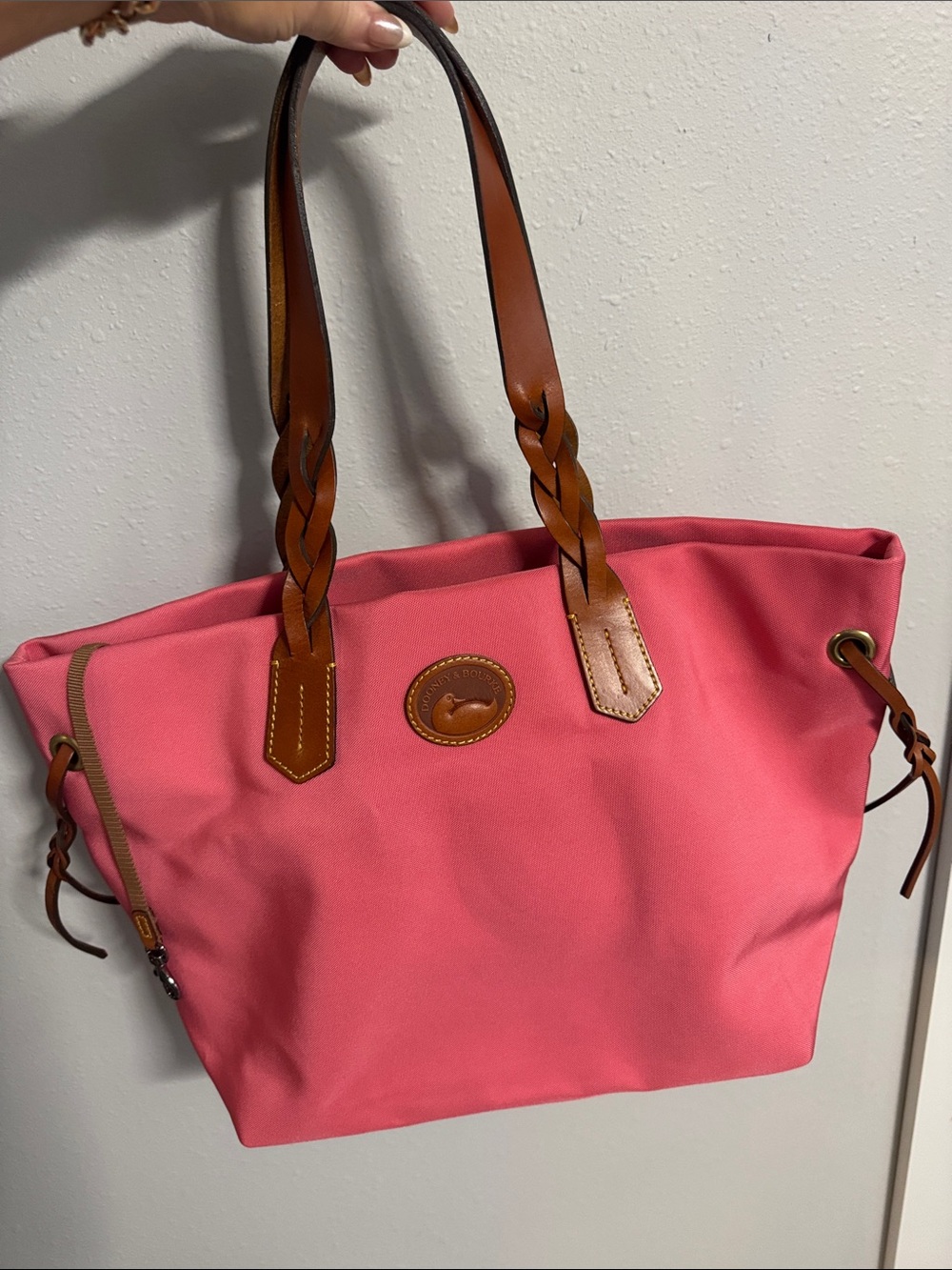 Dooney & Bourke Coral Pink Canvas Tote with Brown Leather Braided Handles